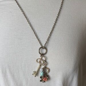 Silver-Tone Key Charm Pendant Necklace with Pink Rose and Aqua Beads